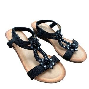 Shibever Womens Size 7 Black 2" Wedge Heel Beaded Floral Open Rount Toe Shoes
